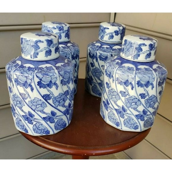 4 Jars, 8"inch Vintage Blue and White Ginger Jar Flowers Motif Spiral Form Shape - Picture 1 of 12